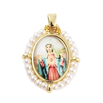 Rack Plating Brass Enamel Pendants, with Plastic Imitation Pearl, Long-Lasting Plated, Cadmium Free & Lead Free, Real 18K Gold Plated, Oval with Virgin Mary Charm, Indian Red, 28x22.5x6mm, Hole: 4.5x3.5mm