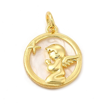 Rack Plating Brass with Plastic Pendants, Real 18K Gold Plated, Flat Round with Angel, Lead Free & Cadmium Free, Angel & Fairy Pattern, 20x17.5x3mm, Hole: 4.5mm