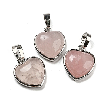 Natural Rose Quartz Pendants, Heart Charms with Platinum Plated Brass Snap on Bails, 20.5x17.5x7mm, Hole: 4x8mm