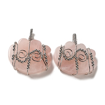 Natural Rose Quartz Copper Wire Wrapped Pendants, Cloud Charms with Brass Beads, Rack Plating, Platinum, 47~50x44.5~45x11~12mm, Hole: 6x5.5mm