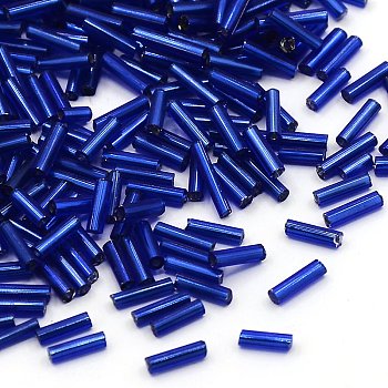 Glass Bugle Beads, Silver Lined, Medium Blue, 6~8x1.8mm, Hole: 0.6mm, 10000pcs/pound