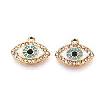 304 Stainless Steel Rhinestone Pendants, Evil Eye Charms, with Enamel, PVD Vacuum Plating, Real 18K Gold Plated, White, 14x17x2mm, Hole: 1.4~1.5mm(STAS-N110-53A-G)