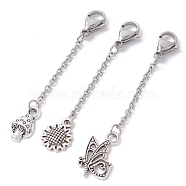 Tibetan Style Alloy Pendant Decoration, with 304 Stainless Steel Lobster Claw Clasps, Mushroom/Butterfly/Flower, Antique Silver & Stainless Steel Color, 54~58x2mm, 3pcs/set.(HJEW-JM01226-03)