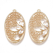 Brass Filigree Pendants, Nickel Free, Real 18K Gold Plated, with Cubic Zirconia, Oval, Clear, 30.5x17x3.5mm, Hole: 1.2mm(KK-T038-332G)