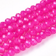 Baking Painted Imitation Jade Glass Bead Strands, Faceted Rondelle, Fuchsia, 4x3mm, Hole: 1mm, about 119~124pcs/strand, 14.76''(37.5~38.5cm)(DGLA-A034-J4MM-A38)
