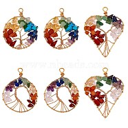 6Pcs 3 Styles Natural Gmestone Copper Wire Big Pendants, Natural Amethyst & Green Aventurine & Citrine & Lapis Lazuli & Red Jasper & Red Aventurine & Quartz Crystal, Heart & Flat Round with Tree, Light Gold, 53.5~55x42~46.5x8~9.5mm, Hole: 5.5~6.5mm, 2pcs/style(FIND-SZ0002-71)