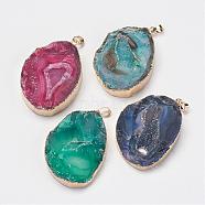 Natural & Dyed Druzy Agate Pendants, with Golden Plated Brass Findings, Nuggets, Mixed Color, 57~61x36~43x9~14mm, Hole: 5x8mm(G-F397-04)