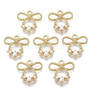 Alloy Pendants, with ABS Plastic Imitation Pearl, Bell, with Bowknot, White, Light Gold, 17.5x17x4mm, Hole: 2mm(PALLOY-S132-100)