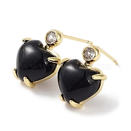 Heart Natural Black Agate Dangle Stud Earrings with Cubic Zirconia, Rack Plating Brass Earrings for Women, Cadmium Free & Lead Free, Real 18K Gold Plated, 14x10.5mm(EJEW-B027-23G)
