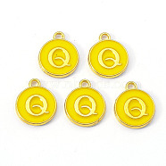 Golden Plated Alloy Enamel Charms, Enamelled Sequins, Flat Round with Letter, Gold, Letter.Q, 14x12x2mm, Hole: 1.5mm(ENAM-S118-09Q)