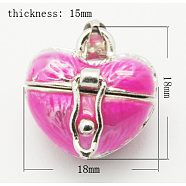 Brass Prayer Box Pendants, Enamel, Heart, Platinum, Deep Pink, 18x18x15mm, Hole: 4x6mm(KK-J269-A03)