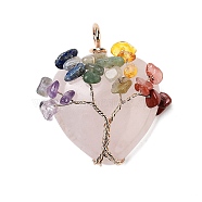 Natural Rose Quartz Heart Pendants, Chakra Tree of Life Gems Chip Copper Wire Wrapped Charms, Golden, 39x35x13mm, Hole: 5x4mm(G-K374-01A)