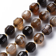 Natural Agate Beads Strands, Dyed, Faceted, with Seed Beads, Double Terminated Point Prism Beads, Bicone, Saddle Brown, 10.5~12.5x10~11.5mm, Hole: 1.5mm, about 27~29pcs/strand, 14.25 inch~15.16 inch(36.2cm~38.5cm)(G-T131-118II)
