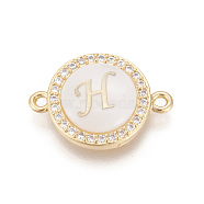 Brass Micro Pave Cubic Zirconia Links, with Shell, Long-Lasting Plated, Lead Free & Cadmium Free & Nickel Free, Real 18K Gold Plated, Flat Round with Letter, Clear, Letter.H, 13.5x18.5x4.5mm, Hole: 1.4mm(ZIRC-L078-006H-NR)