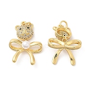 Brass Micro Pave Cubic Zirconia Pendants, with Plastic Pearl, Lead Free & Cadmium Free, Bowknot with Bear, with Jump Rings, Real 18K Gold Plated, 27x19x5mm, Hole: 3.4mm(KK-M249-30G)