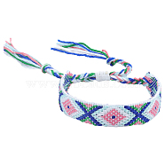 Polyester-cotton Braided Rhombus Pattern Cord Bracelet, Ethnic Tribal Adjustable Brazilian Bracelet for Women, Azure, 5-7/8~11 inch(15~28cm)(FIND-PW0013-001A-14)