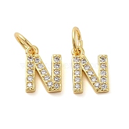 Brass Micro Pave Cubic Zirconia Pendants, with Jump Ring, Letter N, 8~9x4.5~9.5x1.5mm, Hole: 3.6mm(KK-M273-02G-N)