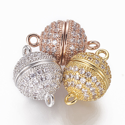 Brass Micro Pave Cubic Zirconia Magnetic Clasps with Loops, Round, Clear, Mixed Color, 15~15.5x10mm, Hole: 1.4mm(ZIRC-L082-C-01)