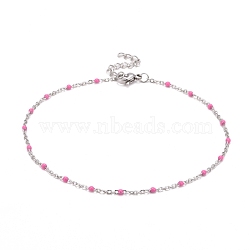 304 Stainless Steel Cable Chain Anklets, with Enamel and Lobster Claw Clasps, Stainless Steel Color, Hot Pink, 230x2mm(AJEW-K030-01P-02)