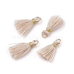 Polycotton(Polyester Cotton) Tassel Pendant Decorations, with Iron Findings and Metallic Cord, Light Gold, Antique White, 10~15x2~3mm, Hole: 1.5mm(X-FIND-S281-25)