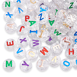CHGCRAFT Plating Transparent Acrylic Beads, with Glitter Powder, Metal Enlaced, Flat Round with Letter, Mixed Color, 10x6mm, Hole: 1.8mm, 7 colors, 20g/color, 140g/box(MACR-CA0001-01)