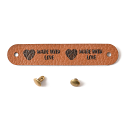 PU Leather Labels, Handmade Embossed Tag, with Holes & Iron Rivet, for DIY Jeans, Bags, Shoes, Hat Accessories, Rounded Rectangle with Word MADE WITH LOVE, Heart Pattern, 12x65x0.5mm, Hole: 2.6mm(DIY-WH0321-19A)