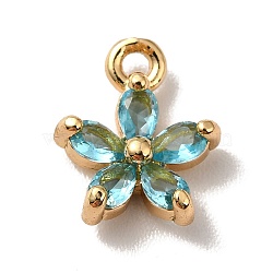 Brass Cubic Zirconia Flower Charms, Real 18K Gold Plated, Bauhinia Charm, Deep Sky Blue, 10x8x3mm, Hole: 1.2mm(KK-O141-01G-03)