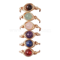 Round Natural Amethyst/Green Aventurine/Carnelian/Rose Quartz/Tiger Eye/Lapis Lazuli Braided Finger Ring, Copper Wire Wrap Jewelry for Women, 8mm, Inner Diameter: 18mm(RJEW-JR00743-02)