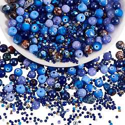 2 Bag Glass Round Beads Set, Colorful & Cracked Faceted Round, with Glass Seed Beads, for DIY Bracelet Jewelry Making, Dark Blue, 1~10mm, 40g/bag(JX547M)