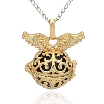 Golden Tone Brass Hollow Round Cage Pendants, with No Hole Spray Painted Brass Round Beads, Black, 31x30x21mm, Hole: 3x8mm