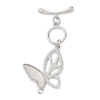 Brass Micro Pave Clear Cubic Zirconia Toggle Clasps, with Shell, Butterfly, Platinum, Bar: 8x18x3mm, Hole: 1.5mm, Butterfly: 40.5mm, Hole: 1.3mm