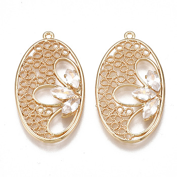 Brass Filigree Pendants, Nickel Free, Real 18K Gold Plated, with Cubic Zirconia, Oval, Clear, 30.5x17x3.5mm, Hole: 1.2mm