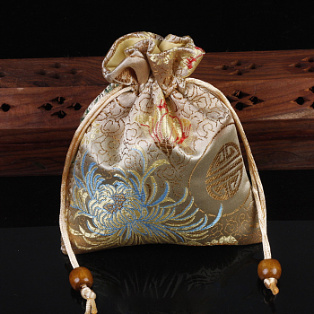 Chinese Style Flower Pattern Satin Jewelry Packing Pouches, Drawstring Gift Bags, Rectangle, Bisque, 14x11cm
