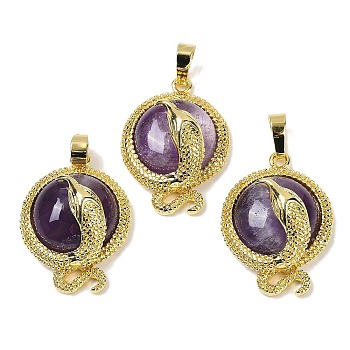 Natural Amethyst Flat Round Shaped Brass Pendants, Rack Plating, Cadmium Free & Lead Free, Golden, 29.5x21.5x9.5~11mm, Hole: 7.5x4.5mm