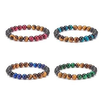 4Pcs 4 Colors Natural Tiger Eye & Black Agate(Dyed) Round Beaded Stretch Bracelets Set, Gemstone Jewelry for Women, Mixed Color, Inner Diameter: 2-1/8 inch(5.5cm), 1Pc/color