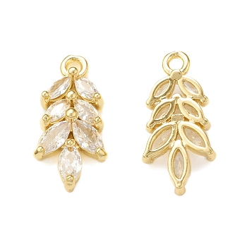 Clear Glass Pendnants, with Brass Findings, Leaf Charms, Real 18K Gold Plated, 16.5x8x3mm, Hole: 1.4mm