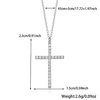 Cross Rhodium Plated 925 Sterling Silver Micro Pave Clear Cubic Zirconia Pendant Necklaces, Platinum, 17.72 inch(45cm), Pendant: 23x15mm