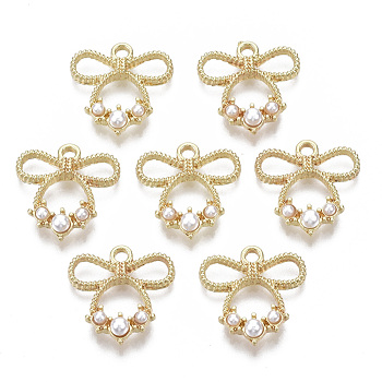 Alloy Pendants, with ABS Plastic Imitation Pearl, Bell, with Bowknot, White, Light Gold, 17.5x17x4mm, Hole: 2mm