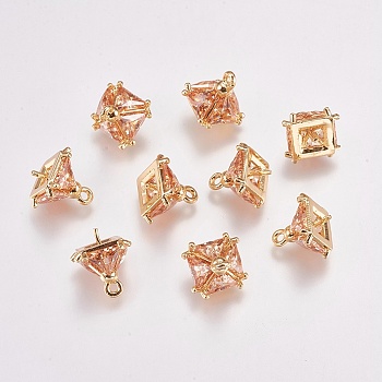 Brass Charms, with Cubic Zirconia, Real 18K Gold Plated, Sandy Brown, 11x8x8mm, Hole: 1mm