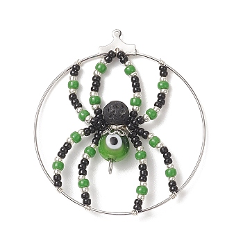 Brass Pendants, with Glass Seed & Evil Eye Lampwork & Natural Lava Rock Beads, Ring with Spider Charms, Lime Green, 44~48x40~43x8mm, Hole: 1mm and 2mm