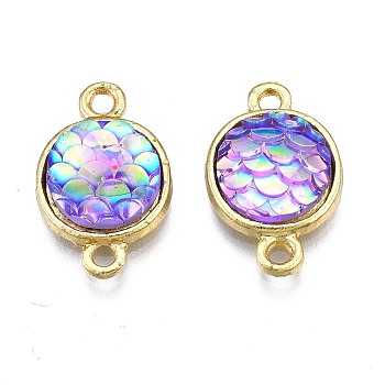 Alloy Resin Links connectors, Flat Round with Mermaid Fish Scale Shaped, Light Gold, Lilac, 18.5x11x4.5mm, Hole: 1.8mm