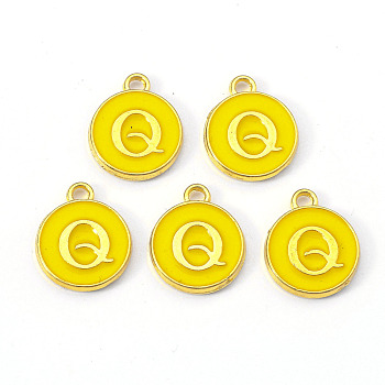 Golden Plated Alloy Enamel Charms, Enamelled Sequins, Flat Round with Letter, Gold, Letter.Q, 14x12x2mm, Hole: 1.5mm