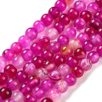 Natural Striped Agate/Banded Agate Beads Strands, Dyed, Round, Magenta, 6mm, Hole: 0.8mm, about 32pcs/strand, 7.60''(19.3cm)
