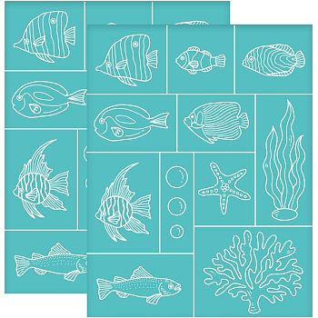 Self-Adhesive Silk Screen Printing Stencil, for Painting on Wood, DIY Decoration T-Shirt Fabric, Turquoise, Fish Pattern, 280x220mm