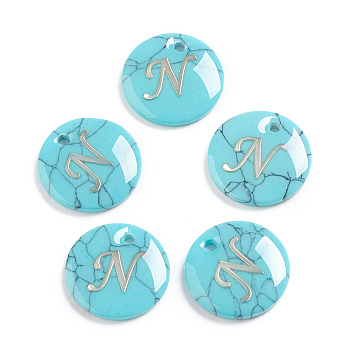 Synthetic Turquoise Charms, with Plastic Letter, Flat Round, Letter.N, 15x2mm, Hole: 1.5mm