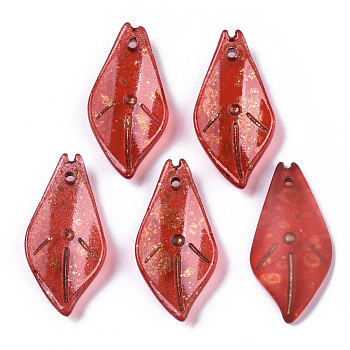 Transparent Spray Painted Glass Pendants, with Golden Foil, Leaf, Dark Red, 23x11.5x3.5mm, Hole: 1mm