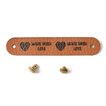 PU Leather Labels, Handmade Embossed Tag, with Holes & Iron Rivet, for DIY Jeans, Bags, Shoes, Hat Accessories, Rounded Rectangle with Word MADE WITH LOVE, Heart Pattern, 12x65x0.5mm, Hole: 2.6mm