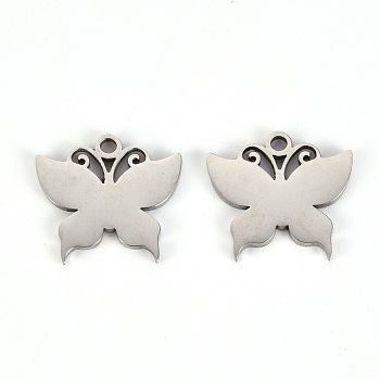 201 Stainless Steel Pendants, Laser Cut, Butterfly, Stainless Steel Color, 14.5x15.5x1mm, Hole: 1.6mm