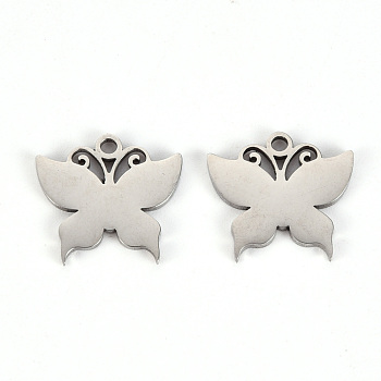 Non-Tarnish 201 Stainless Steel Pendants, Laser Cut, Butterfly, Stainless Steel Color, 14.5x15.5x1mm, Hole: 1.6mm