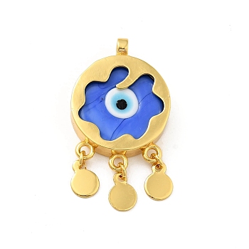 Rack Plating Handmade Evil Eye Lampwork Pendants, with Brass Findings, Long-Lasting Plated, Flat Round, Golden, Royal Blue, 35~35.5x20x5.5mm, Hole: 3mm